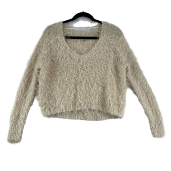 Anthropologie Knitted & Knotted Fuzzy Faux Fur V-Neck Women's Sweater - Picture 1 of 14